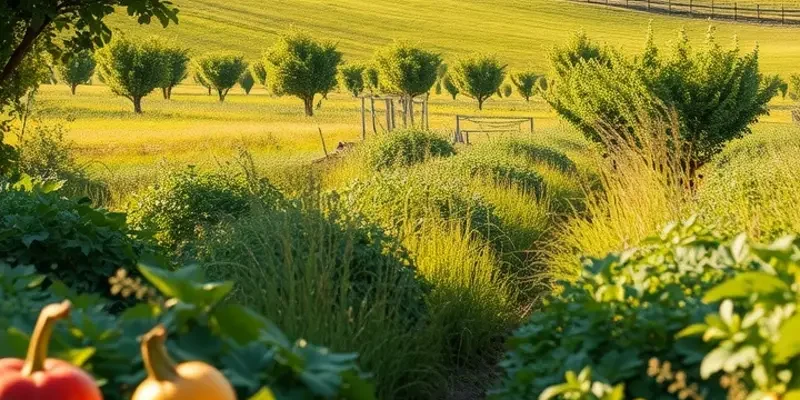 A picturesque field bursting with vibrant organic fruits and vegetables under warm sunlight.
