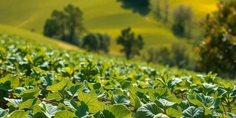 A scenic landscape of organic fruits and vegetables growing naturally, representing healthy nutrition.