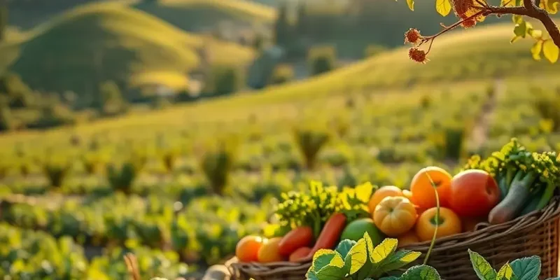 A vibrant and natural landscape featuring a variety of organic vegetables and fruits.