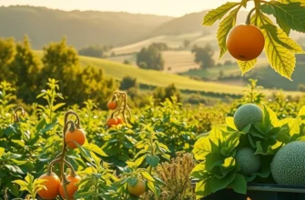 A vibrant and lush organic field with various vegetables and fruits bathed in soft sunlight.