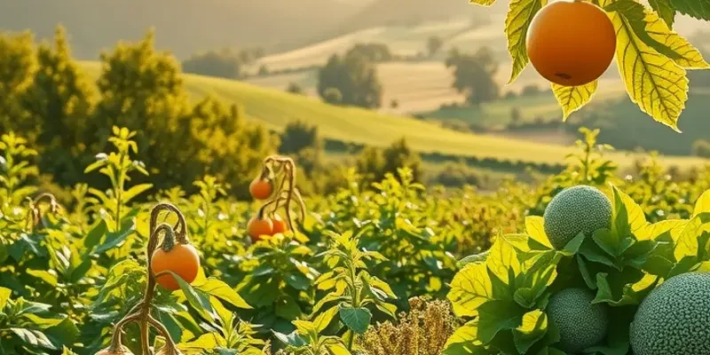 A vibrant and lush organic field with various vegetables and fruits bathed in soft sunlight.