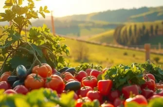 A beautiful scene of fresh organic produce in a sunlit landscape, emphasizing healthy nutrition.