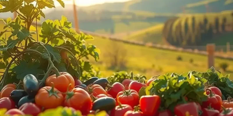 A beautiful scene of fresh organic produce in a sunlit landscape, emphasizing healthy nutrition.