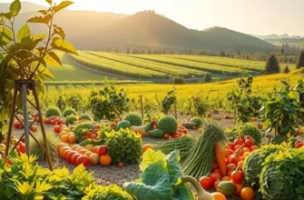 A lush orchard with various organic fruits and vegetables bathed in sunlight, showcasing the beauty of natural produce.