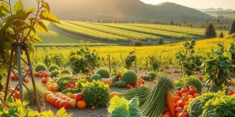 A lush orchard with various organic fruits and vegetables bathed in sunlight, showcasing the beauty of natural produce.