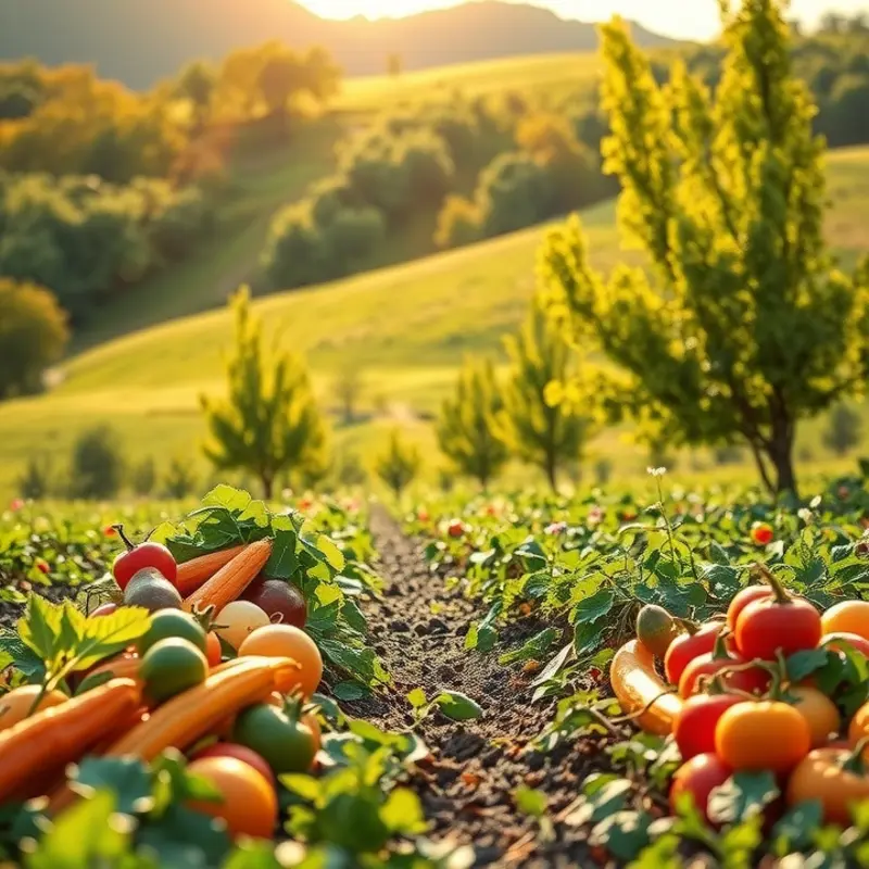 A vibrant display of fresh vegetables and fruits in a natural landscape.