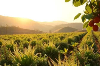 Fresh fruits and vegetables in a picturesque natural landscape.