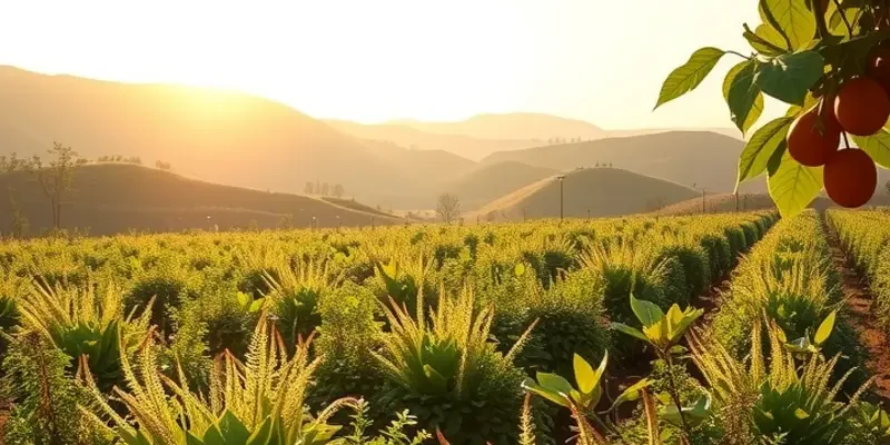 Fresh fruits and vegetables in a picturesque natural landscape.
