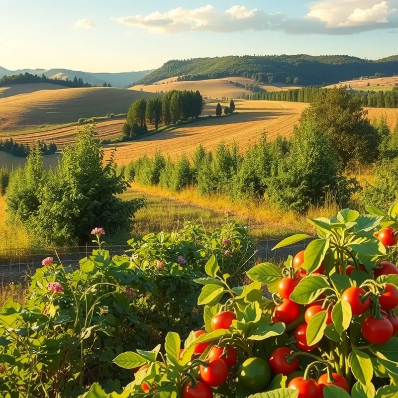 A scenic view of a sunlit field abundant with fresh organic vegetables and fruits.