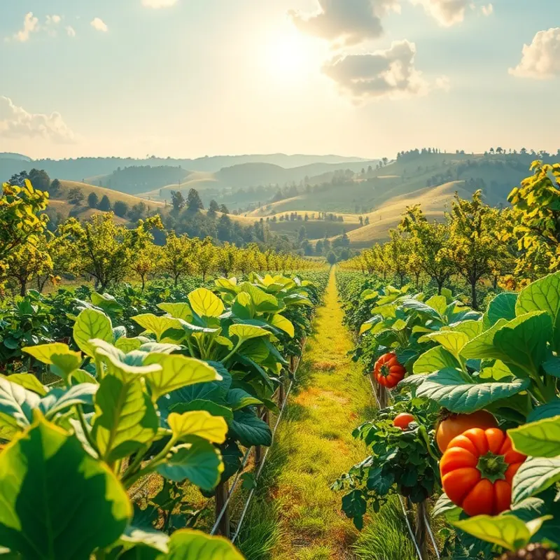 A serene orchard teeming with vibrant fruits and vegetables.