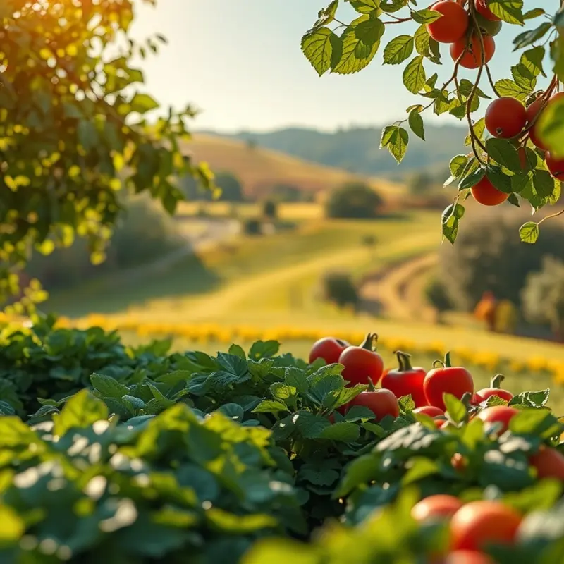 A sunlit orchard filled with vibrant vegetables and fruits, depicting the abundance of organic produce.