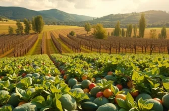 A natural landscape showcasing a field filled with various vibrant fruits and vegetables under sunlight.