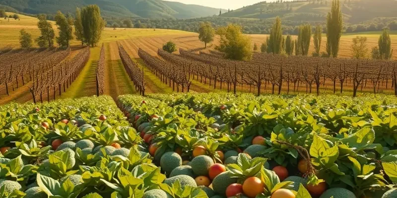 A natural landscape showcasing a field filled with various vibrant fruits and vegetables under sunlight.