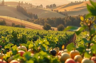 Beautiful landscape filled with sunlight, greenery, and healthy vegetables and fruits.