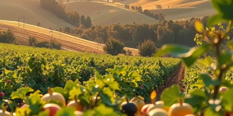 Beautiful landscape filled with sunlight, greenery, and healthy vegetables and fruits.