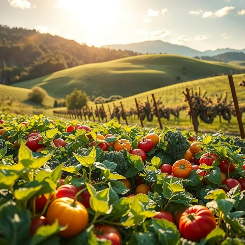 A picturesque view of vibrant fruits and vegetables growing in a lush orchard.