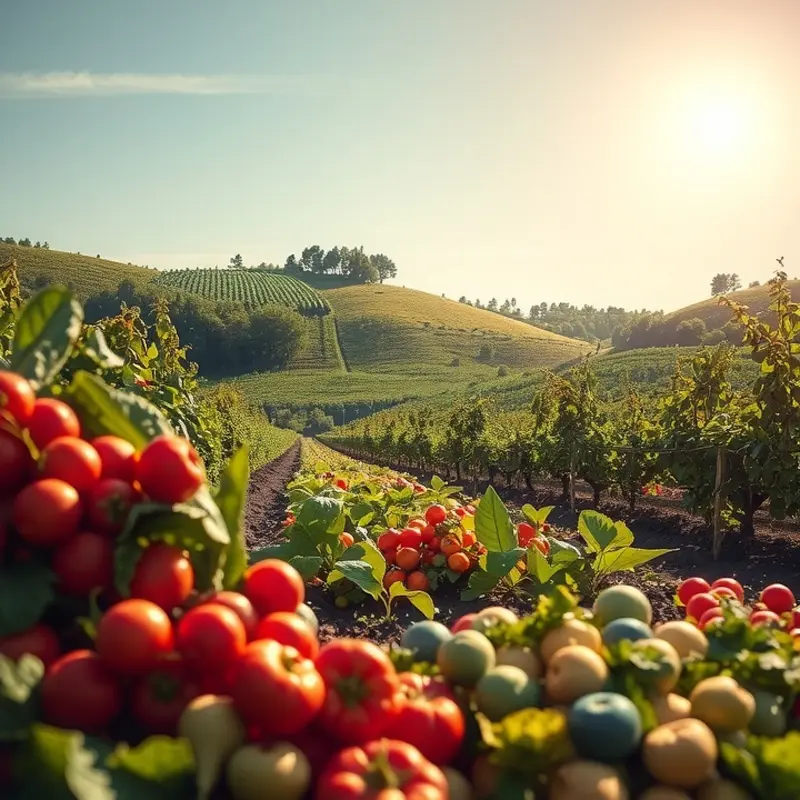 A sunlit field showcasing vibrant vegetables amidst lush greenery.