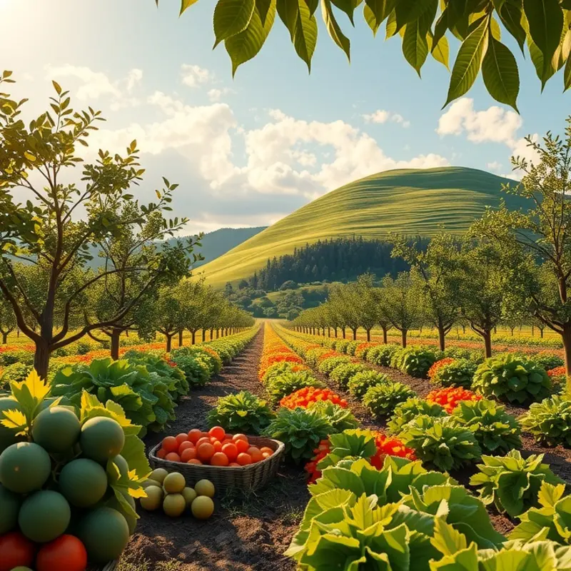 A vibrant sunlit orchard overflowing with fresh produce, symbolizing the abundance of mindful eating.