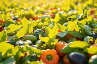 A scenic view of a sunlit field filled with colorful vegetables, illustrating organic produce in a natural setting.