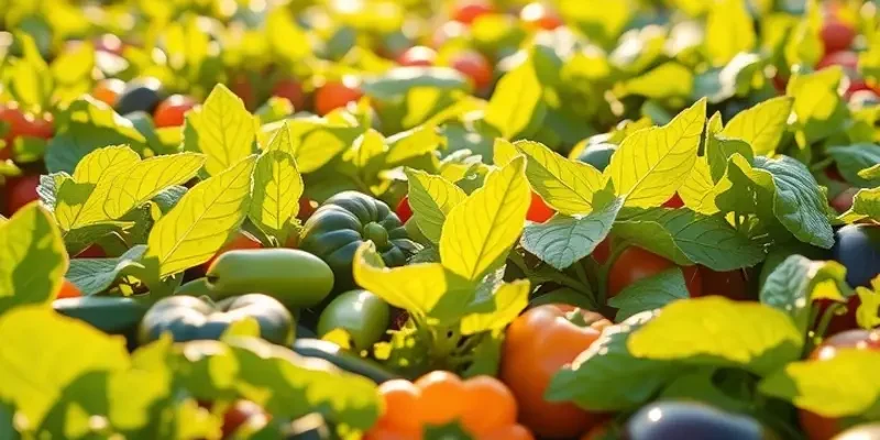A scenic view of a sunlit field filled with colorful vegetables, illustrating organic produce in a natural setting.