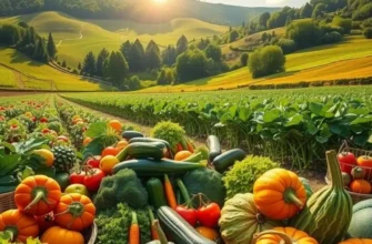 A photorealistic landscape showing an abundant field of organic fruits and vegetables under soft lighting.