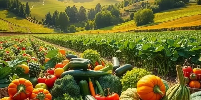 A photorealistic landscape showing an abundant field of organic fruits and vegetables under soft lighting.