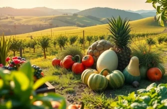 A scenic view of a sunlit organic field, symbolizing health and wellness with garlic and other produce.