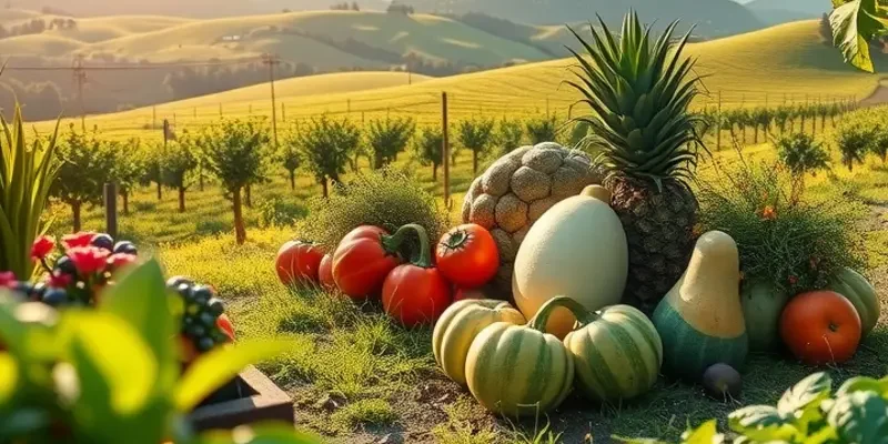 A scenic view of a sunlit organic field, symbolizing health and wellness with garlic and other produce.