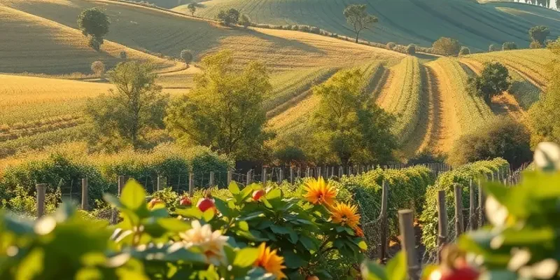 A scenic landscape depicting vibrant organic produce in a sunlit setting.