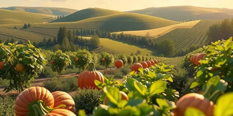 A beautiful orchard landscape filled with vibrant produce, symbolizing the richness of world cuisines.