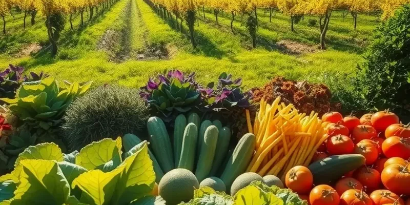 A serene landscape of vegetables and fruits representing the organic essence of global dessert traditions.