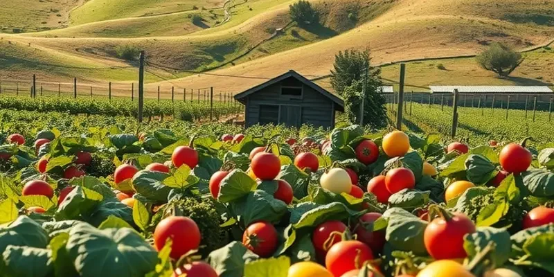 A beautiful orchard showcasing vibrant vegetables and fruits in a serene natural setting.