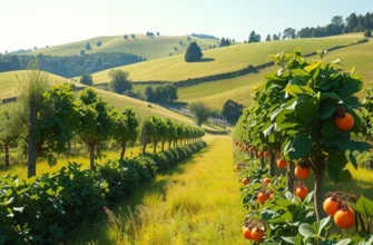 Beautiful orchard with diverse organic vegetables and fruits, basking in the sunlight.
