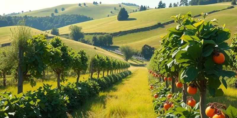Beautiful orchard with diverse organic vegetables and fruits, basking in the sunlight.