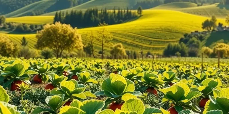 A scenic view of a sunny field with vibrant produce representing healthy eating and nutrition.