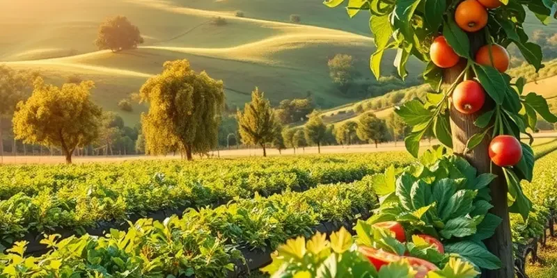 An expansive field showcasing vibrant organic produce under warm sunlight.