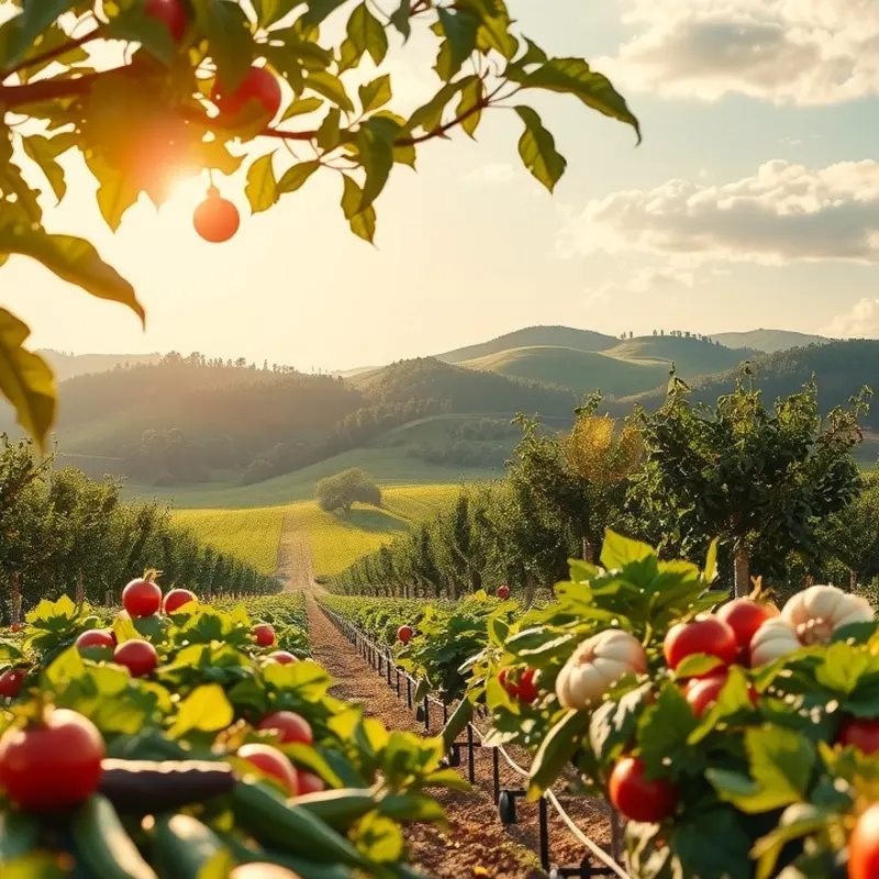 A vibrant sunlit field showcasing the abundance of organic produce.