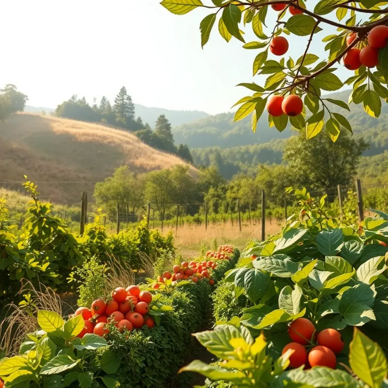 A sunlit field showcasing the natural abundance of organic garlic and vegetables.