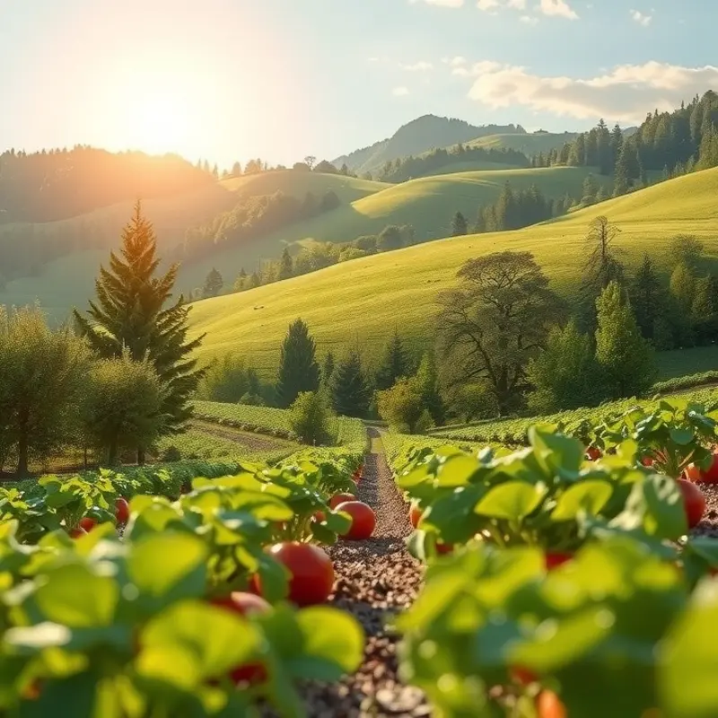 A vibrant, sunlit field filled with organic vegetables and fruits.