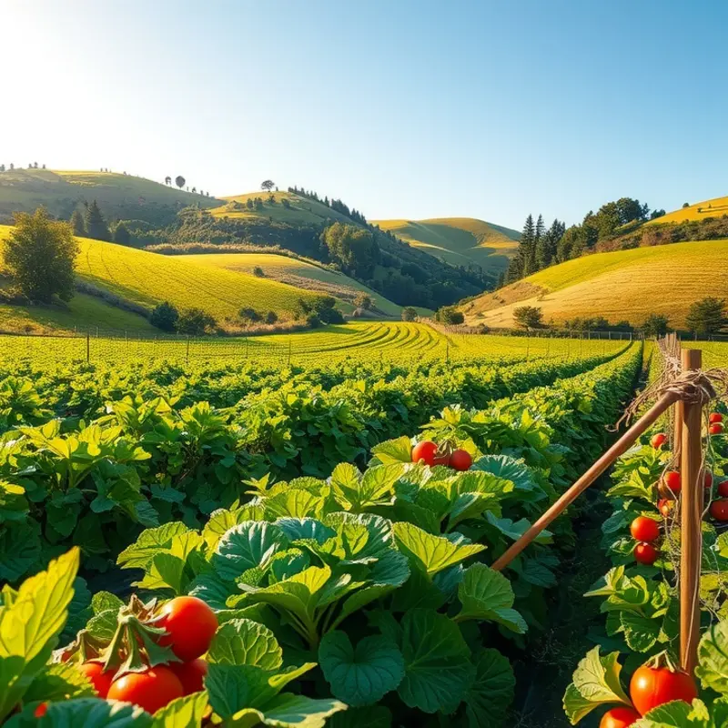 A sunlit field showcasing the lush growth of avocados and other organic produce.