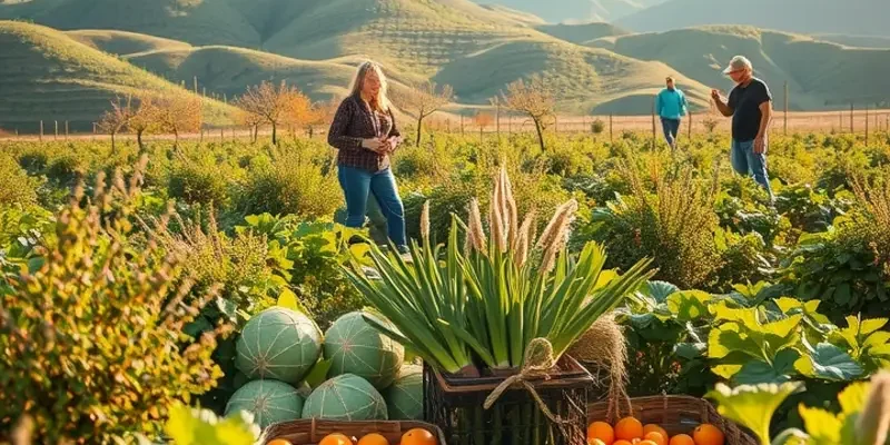 A peaceful field filled with vibrant fruits and vegetables symbolizing healthy eating.