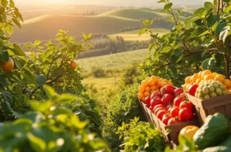 A beautiful landscape depicting a field full of fresh, organic fruits and vegetables.