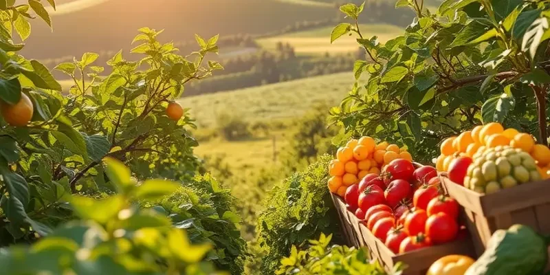 A beautiful landscape depicting a field full of fresh, organic fruits and vegetables.