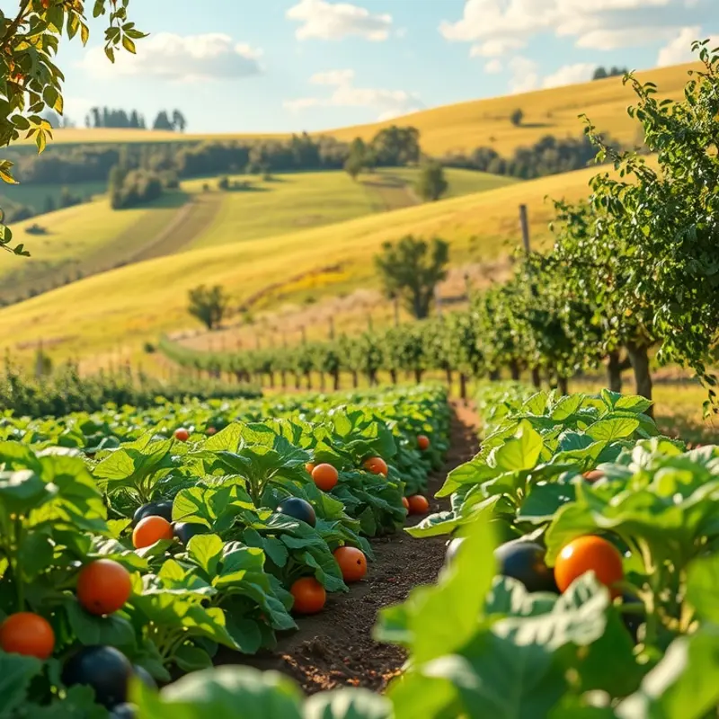 A vibrant orchard filled with fresh fruits and vegetables, showcasing nature’s bounty.