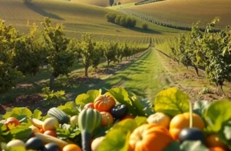 A sunlit organic field showcasing the abundance of vegetables and fruits.