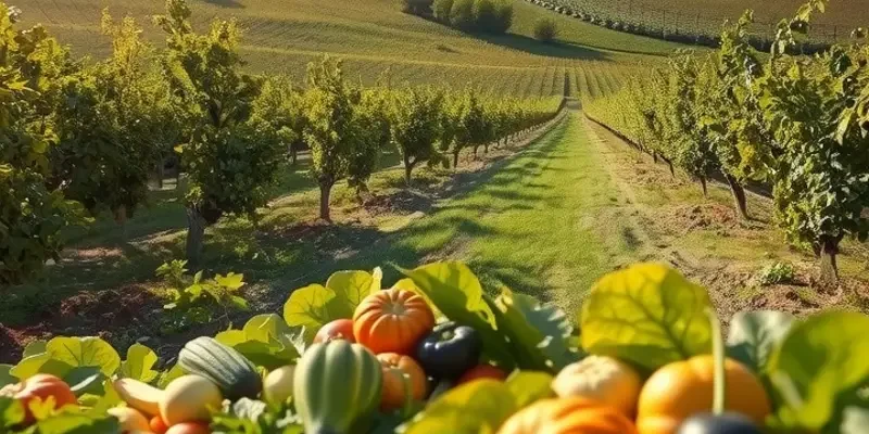 A sunlit organic field showcasing the abundance of vegetables and fruits.