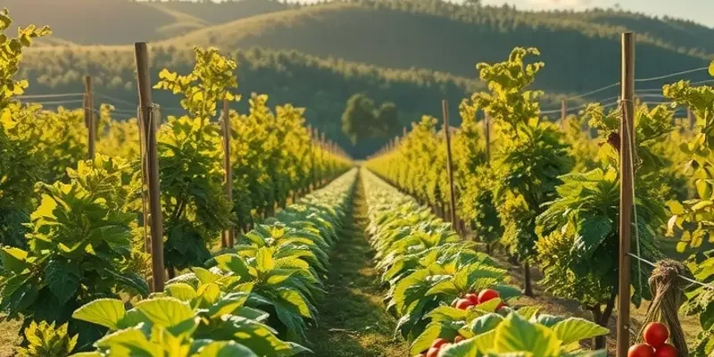 Vibrant fruits and vegetables in a lush, sunlit environment.