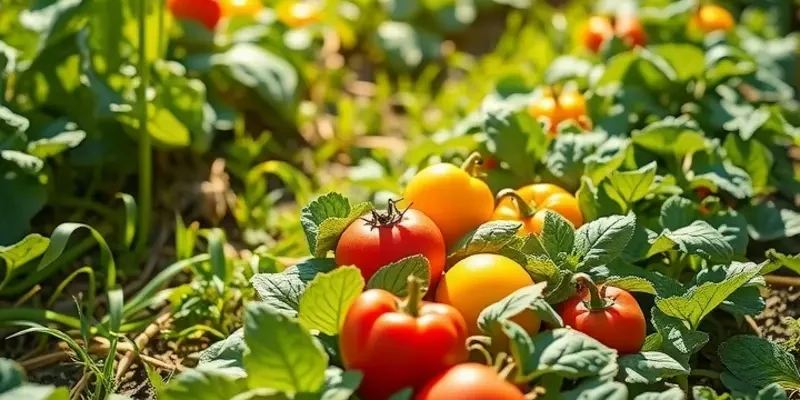 Photorealistic landscape of a sunlit field filled with vibrant vegetables and fruits, evoking a sense of healthy living.