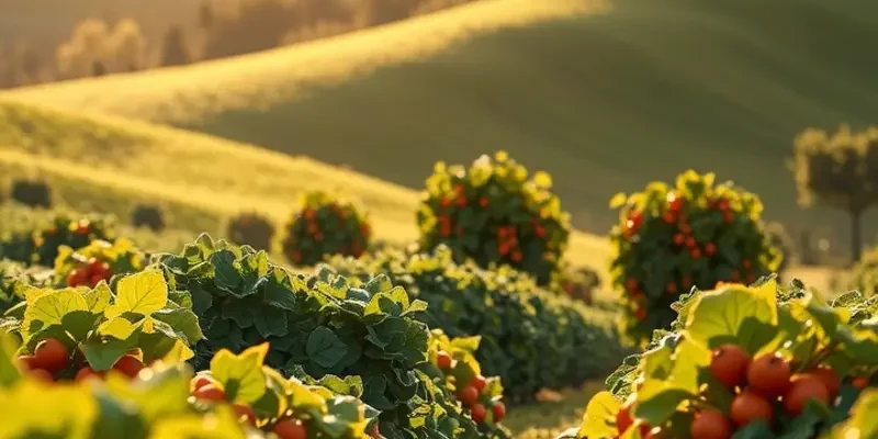 A serene landscape featuring an orchard and lush greenery, representing healthy nutrition.