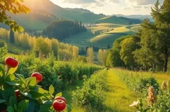 A vibrant landscape displaying lush gardens with assorted vegetables and fruits.